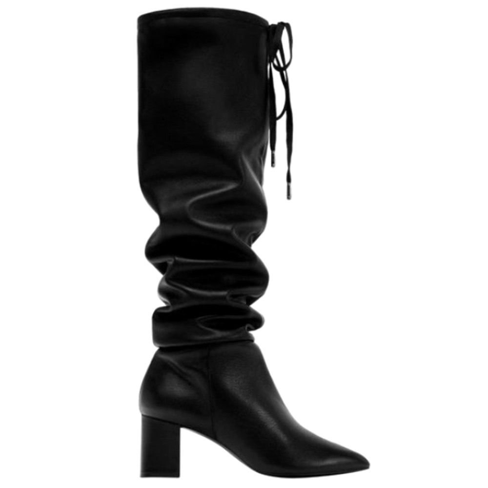 Zara Leather Slouchy High Heeled Boots Drawstring